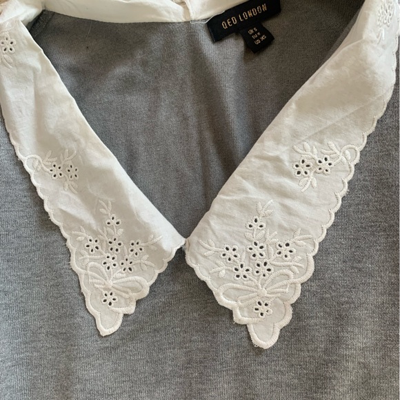 Cute Feminine Gray Floral Ruffle Collared Sweater - Picture 6 of 6